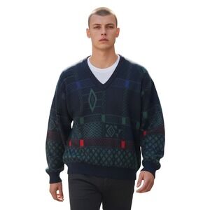 Vintage 80s Geometric Wool Sweater Made‎ in West Germany Size XL GrandpaCore